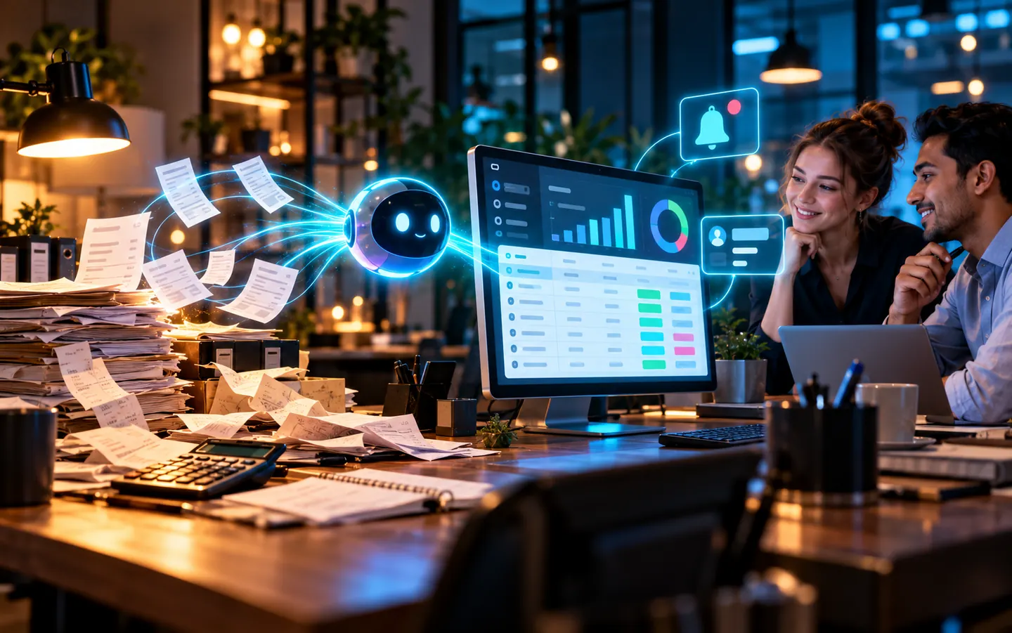 Paper invoices flowing through an AI assistant into a clean spreadsheet dashboard while two colleagues watch