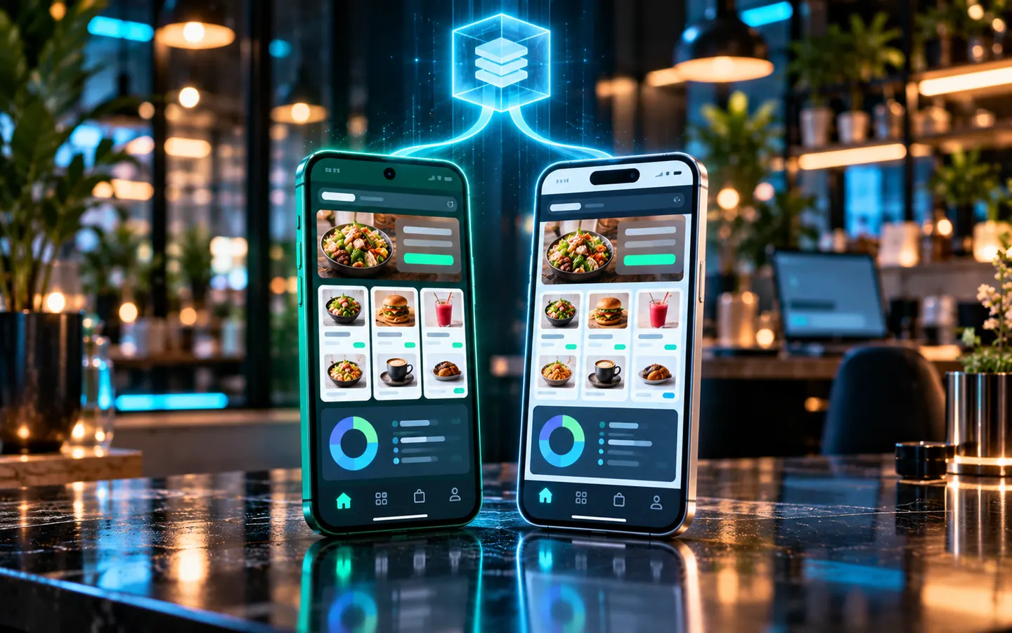 The same business app running on an Android phone and an iPhone, built once