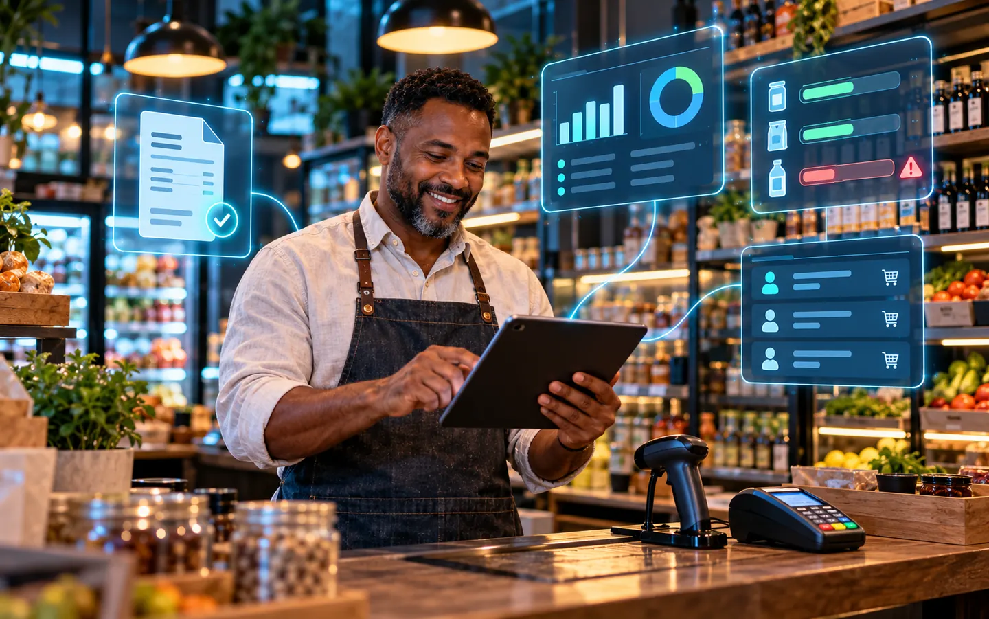 A shop owner checking billing, stock and customer accounts on a tablet at his counter
