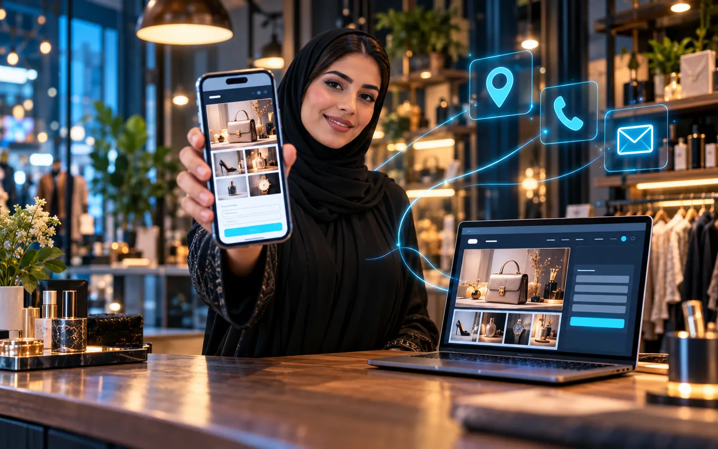 A boutique owner holding a phone that shows her business website, with the same site on a laptop beside her