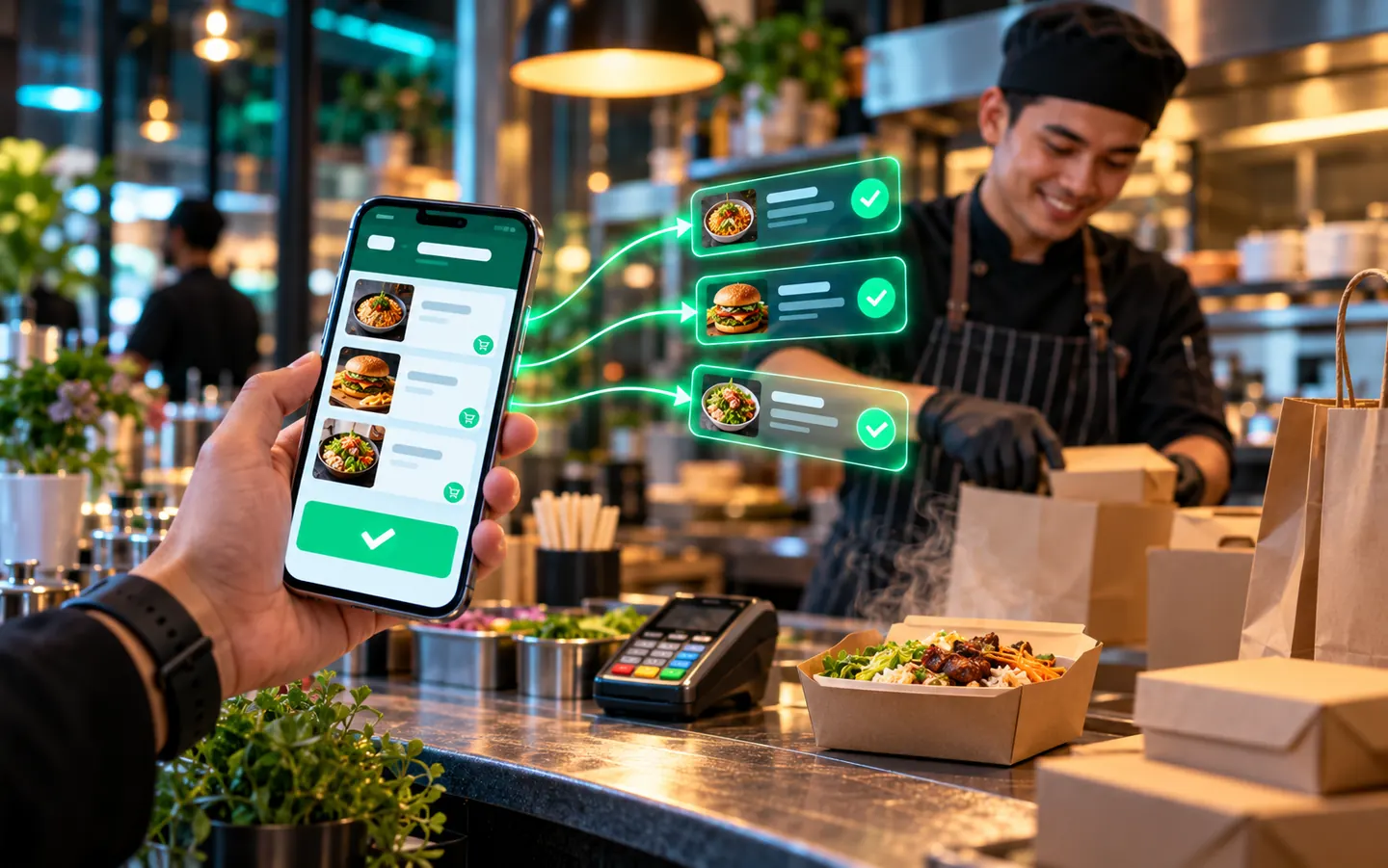 A customer placing an order from a chat on their phone while a chef packs it at the counter