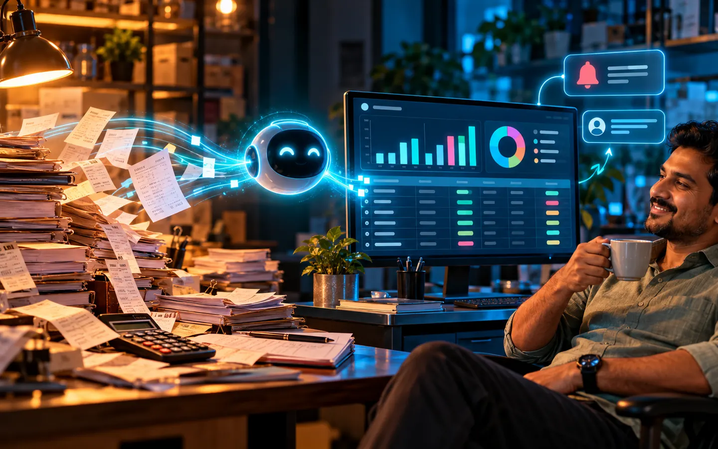 A business owner relaxing while an AI assistant turns a pile of paper invoices into a clean spreadsheet dashboard